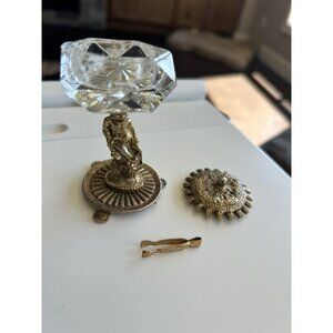 Vintage Brass Gold Gilt Filigree Cherub Standing Salt Cellar with tongs